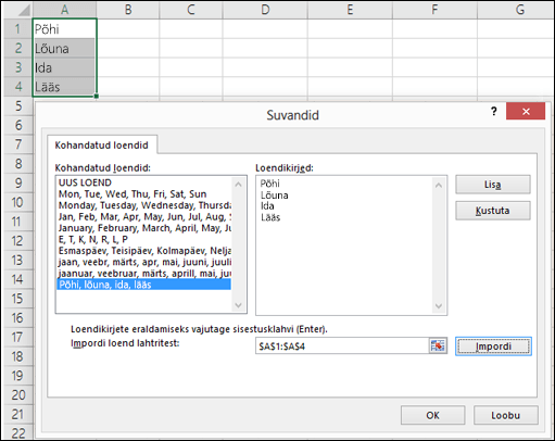Kohandatud loendi dialoogiboks, mis avaneb, kui valida Fail > Suvandid > Täpsemalt > Üldine > Redigeeri kohandatud loendeid. Excel 2007 puhul valige Office’i nupp > Exceli suvandid > Populaarsed > Redigeeri kohandatud loendeid.