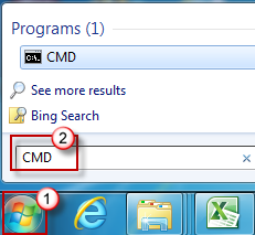 Click Start, and then type CMD in the Search programs and files dialog box.