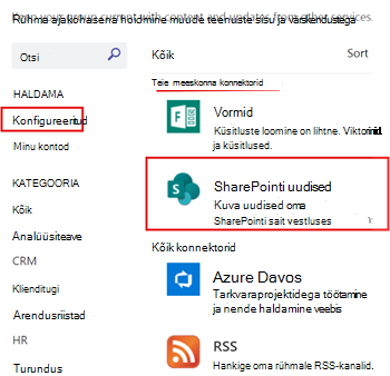 Teamsi kanali jaoks konfigureeritud SharePointi uudiste kuvamine