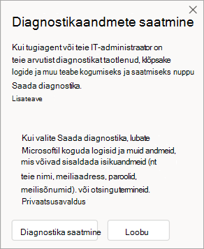 Screenshot of window showing how to send diagnostic data when speaking with an agent