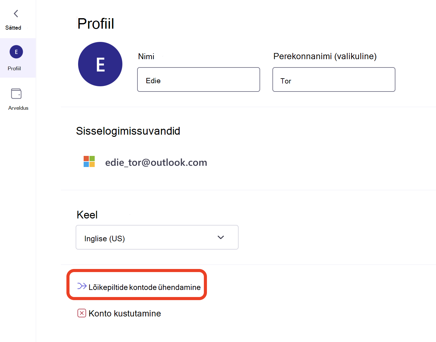 Pilt ühendamisnupust Clipchamp accounts (Lõikepiltide kontod) on ringiga ühendatud.