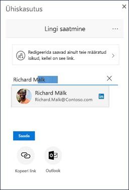 OneDrive'i ühiskasutuse dialoogiboks soovitatud LinkedIni kontaktiga