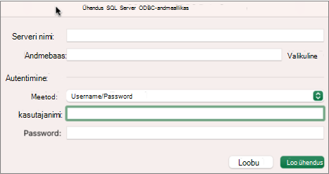Dialoogiboks SQL Server serveri, andmebaasi ja identimisteabe sisestamiseks