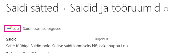 Saidi loomise link dialoogiboksis Saidid ja tööruumid