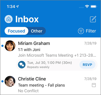Fookuses sisendkaust Outlook Mobile ' is
