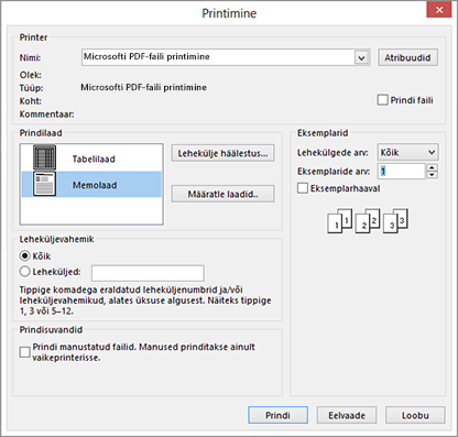 Outlooki dialoogiboksi Printimine printerisuvandid