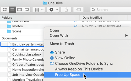 Screenshot of OneDrive Files On-Demand options in Finder on a Mac