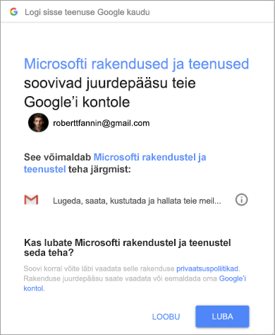 Kuvatud on Outlooki õiguste aken, mille kaudu pääsete Gmaili kontole juurde