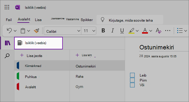 Vaade OneNote’i veebikasutajaliidesele, kus on kuvatud sisuala