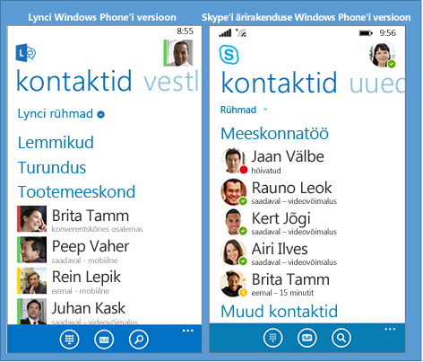 Side-by-side comparision of Lync and Skype for Business for Windows Phone