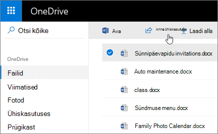 OneDrive’i valitud faili ja ühiskasutusnupu kuvatõmmis.