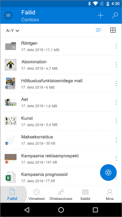 Kuvatõmmis OneDrive'i mobiilirakendusest, milles esile tõstetud nupp Failid