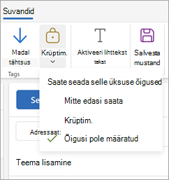 Compose a new message, select Options in the ribbon, and then select Encrypt to see the three permission options for your message.