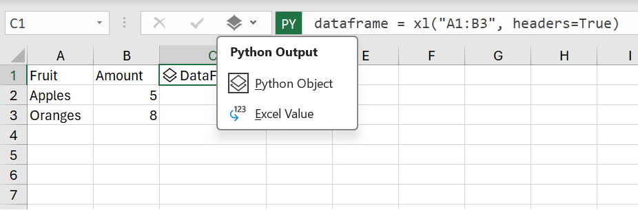 Pythoni väljundi menüü Exceli töövihikus.