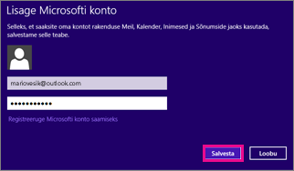 Windows 8 rakenduse Meil leht „Microsofti konto lisamine“