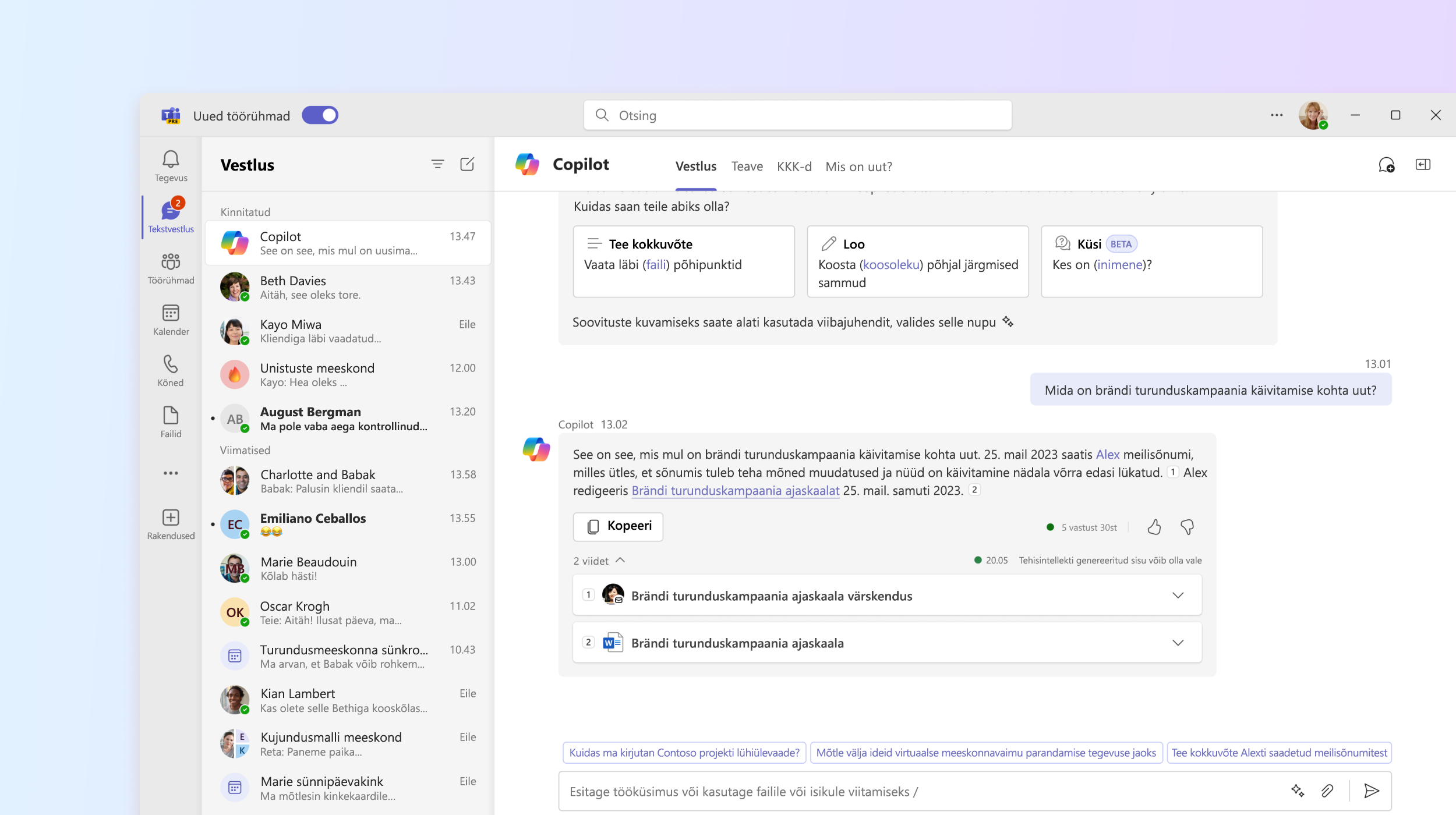 Kuvatõmmis Microsoft 365 Copiloti rakendusest Teamsis.
