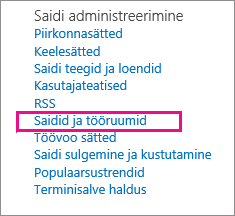 Jaotis Saidid ja tööruumid lehel Saidi sätted