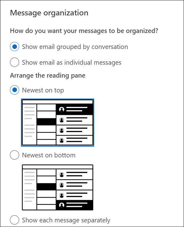 Screenshot of Settings > Mail> Layout section showing Message organization section