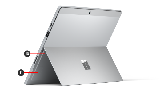 Surface Pro 7+ seadme tagaosa, mille numbrid näitavad riistvarafunktsioone.