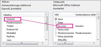 Exceli veeru vastendamine Outlooki kontaktiväljaga