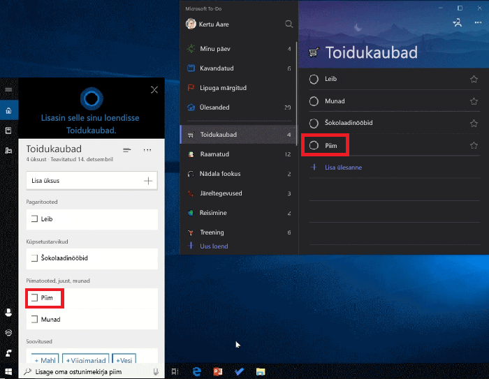 Screenshot, kus on kuvatud nii Cortana kui ka Microsoft to-do Open operatsioonisüsteemis Windows 10. Lisatud on ka piima, kasutades Cortana ja on saadaval ka Microsoft to-do ' i poes