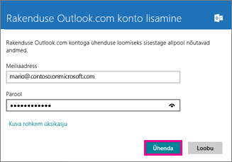 Windows 8 rakenduse Meil leht „Outlooki konto lisamine“