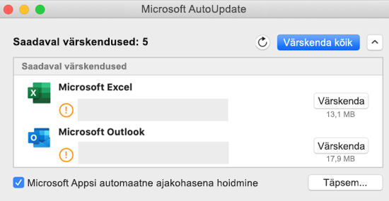 Microsoft AutoUpdate'i armatuurlaua pilt koos teabega värskenduste kohta.