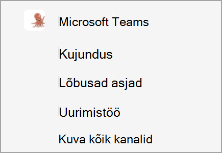 Töörühmal nimega Microsoft Teams on kanalid Design, Fun Stuff ja Research. Muud kanalid on peidetud.