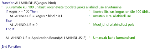 Kommentaaridega VBA-funktsiooni näide