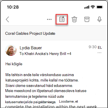 Copiloti kokkuvõtte loomise ikoon, et kuua meililõimest kokkuvõte iOS-is ja Androidis.