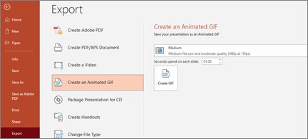 File > Export page with Create animated GIF highlighted