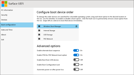 Seadme käivituskäsu konfigureerimiskuva Surface UEFI ekraanil