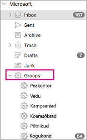 Groups listed in folder pane of Outlook 2016 for Mac