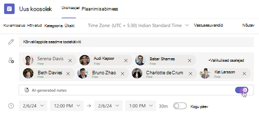 AI-genereeritud märkmed lülitatakse Teamsi koosolekukutses sisse.