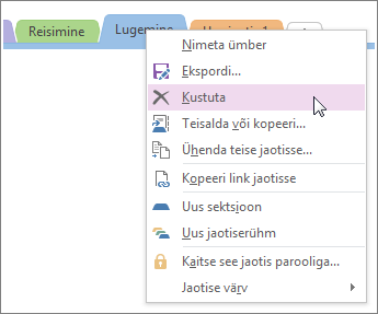 Screenshot of how to delete a section in OneNote 2016.