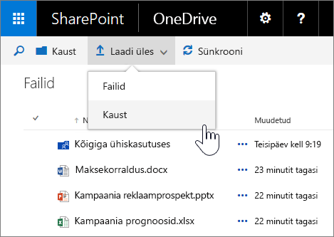 Kuvatõmmis – kausta üleslaadimine OneDrive for Businessis serveris SharePoint Server 2016 koos funktsioonipaketiga Feature Pack 1