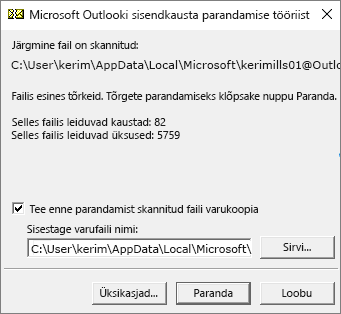 Kujutab Microsofti sisendkausta parandamise tööriista SCANPST.EXE abil kontrollitud Outlooki PST-andmefaili tulemeid