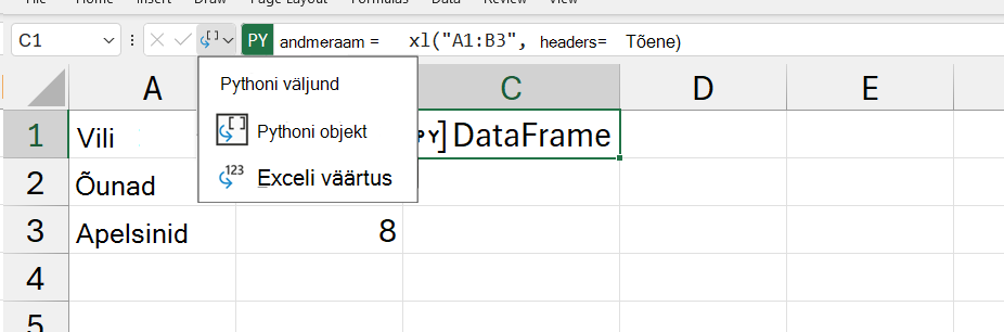 Exceli avatud Pythoni väljundimenüü.
