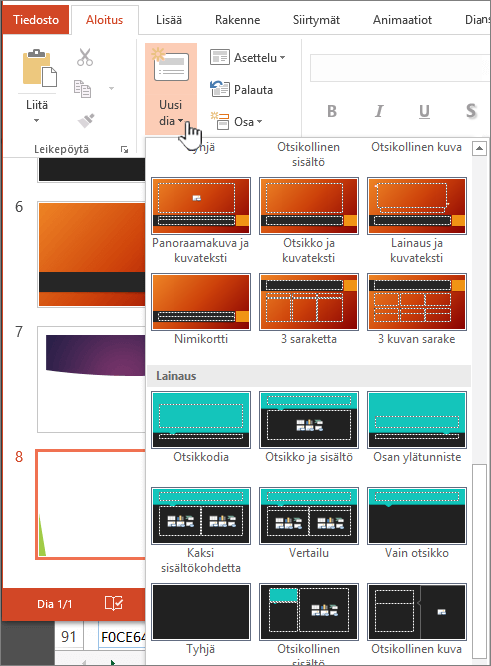 Valitse perustyylit napsauttamalla Uusi dia -kohdan vieressä olevaa nuolta