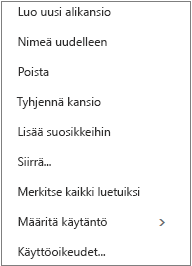 Konteksti tai pikanäppäin sekä valikko, joka tulee näkyviin, kun napsautetaan henkilökohtaista kansiota hiiren kakkospainikkeella