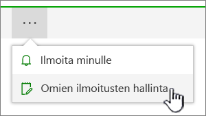 SharePoint Onlinen Hallitse ilmoituksia -painike korostettuna