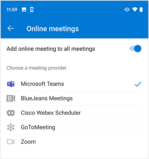 Online-oletuskokouspalvelun valitseminen Outlookissa Androidissa