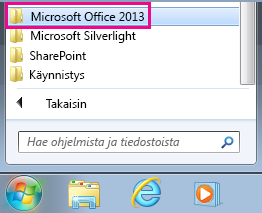 Office 2013 -ryhmä Windows 7:n Kaikki ohjelmat -kohdassa
