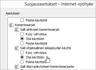 Mukautetut tason asetukset, joissa näkyy Salli ohjelmallisen leike pöydän käyttäminen