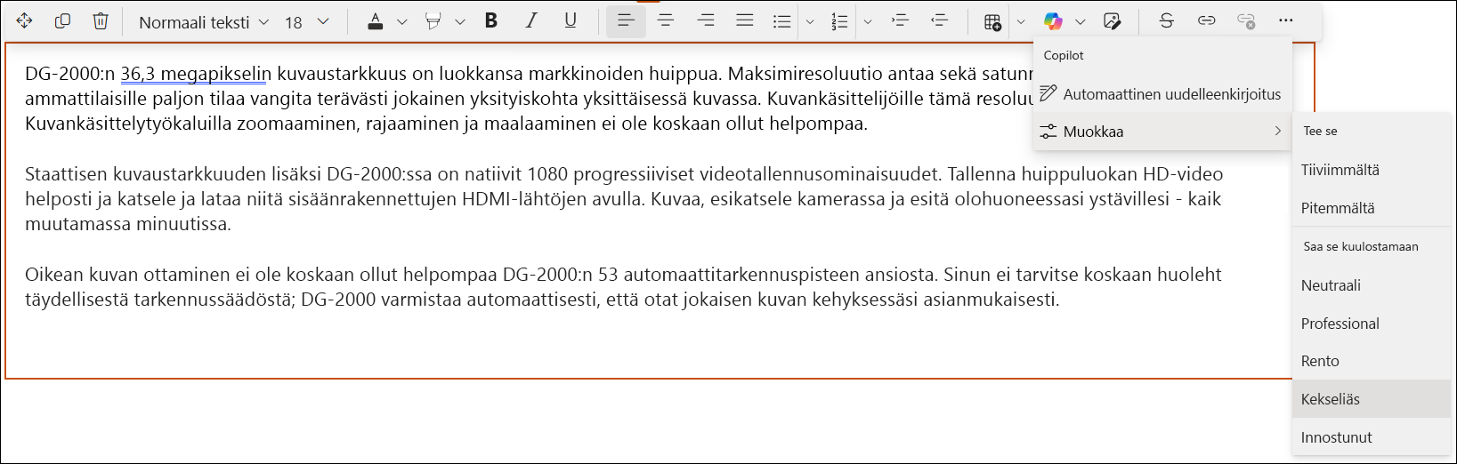 Näyttökuva SharePoint-editorin Copilot-pikanäkymästä