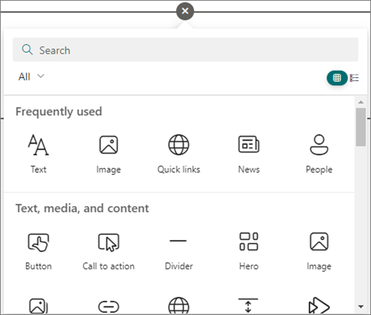 Valitse muokattavan SharePoint-sivun ympyrä, jotta näet käytettävissä olevat verkko-osat.