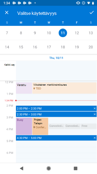 Näyttää kalenterin Android-näytössä. Kalenterin yläpuolella lukee Valitse tavoitettavuus, ja sen oikealla puolella on valintamerkkipainike.