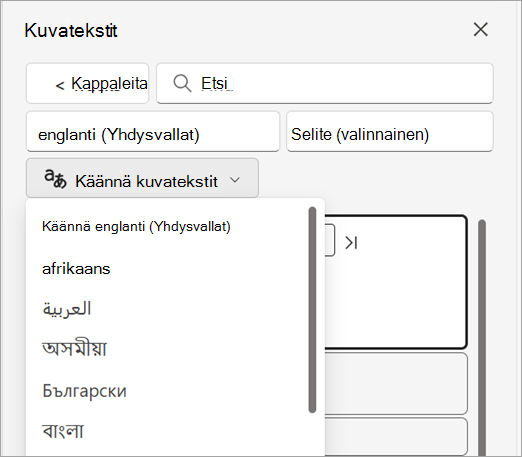 Käännä kuvatekstit -avattava luettelo Kuvatekstit-ruudussa.