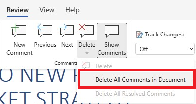 Asiakirjan kaikkien kommenttien poistaminen Tarkista-valintanauhassa.