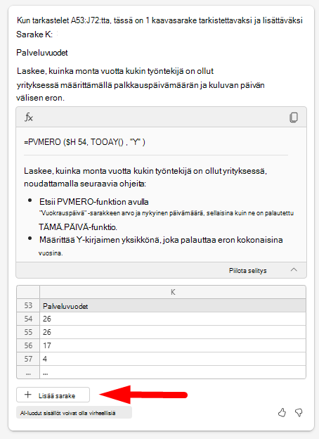Näyttökuva, jossa Copilotin keskusteluruudussa on nuoli, joka osoittaa Lisää sarake -painiketta.